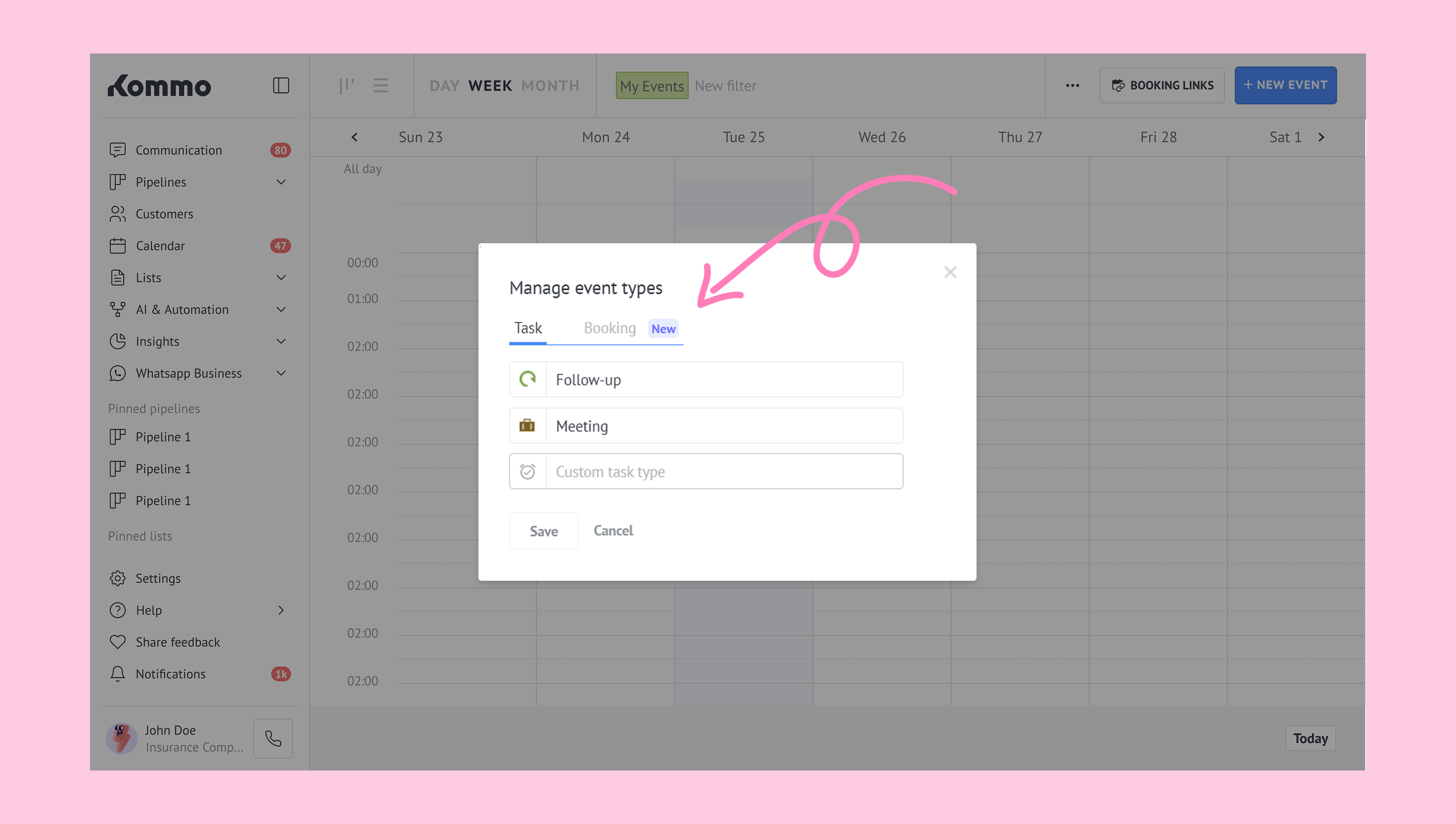 Manage event types with options for tasks, bookings, and custom types in the calendar.